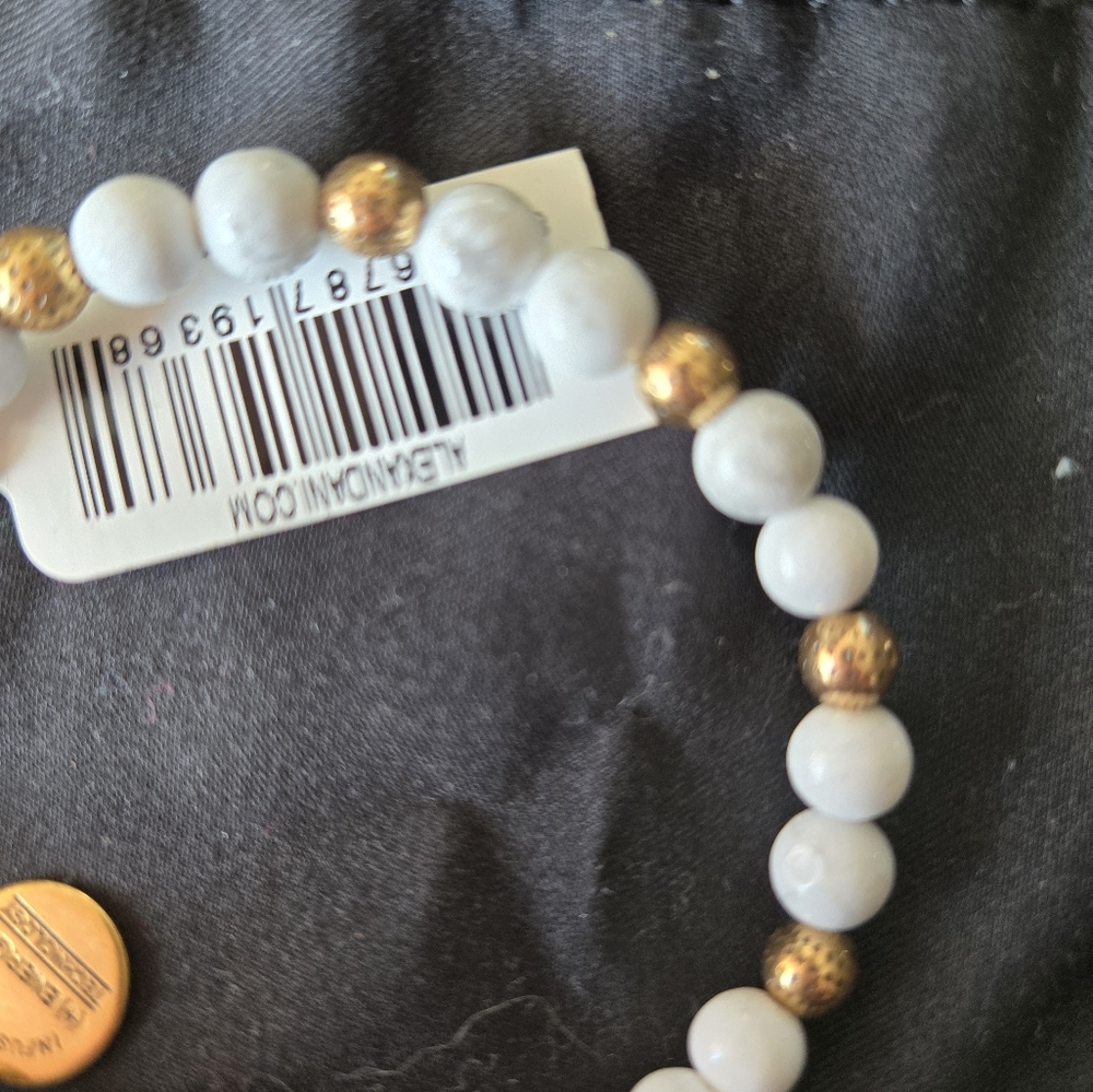NWT Alex and Ani stretch stone beaded bracelet, white marbled,gold - Picture 3 of 5